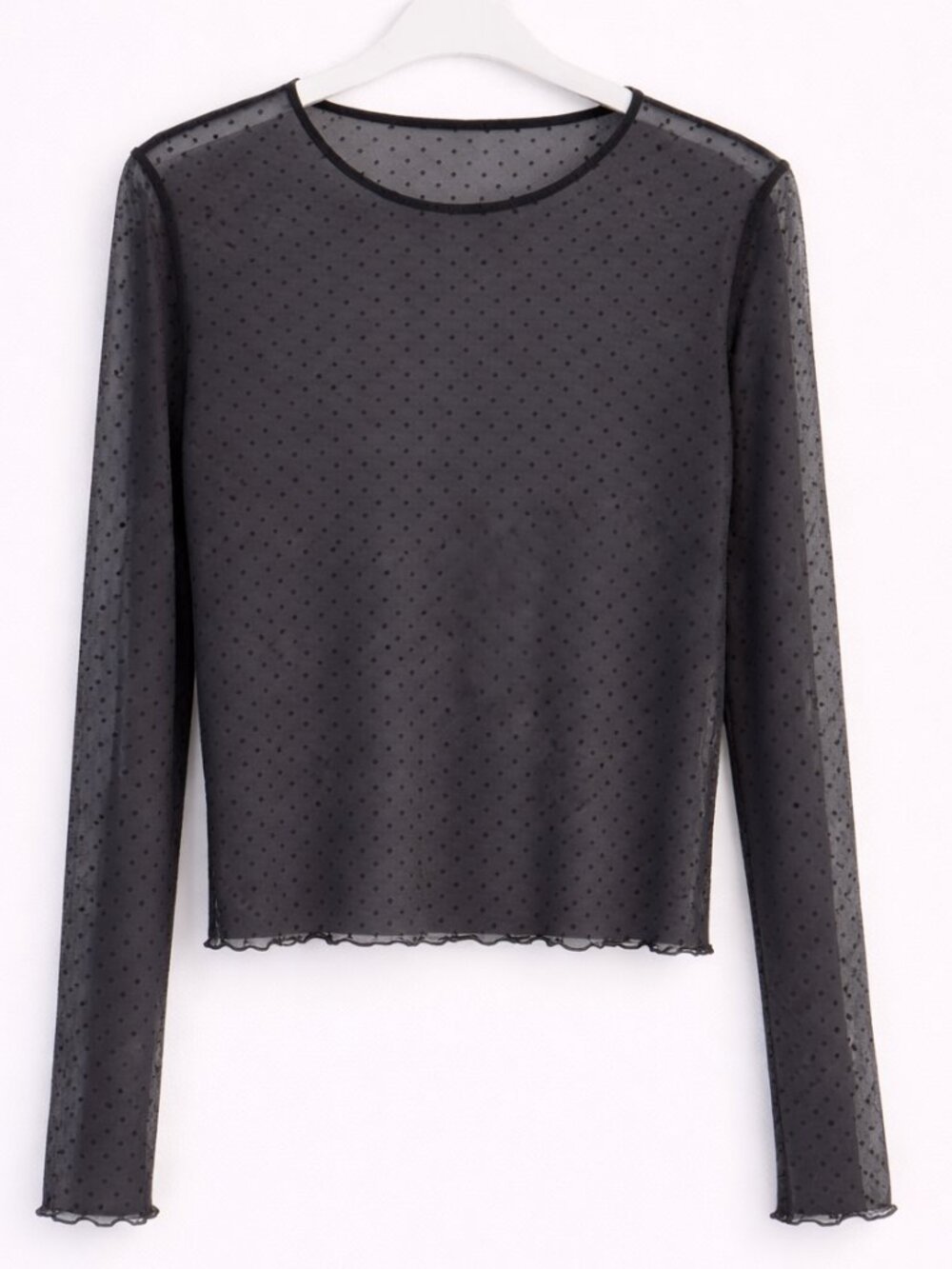 Zara Sheer Polka Dot Black Lettuce Hem Long Sleeve Top